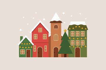 Christmas village scene with decorated houses, snowy rooftops, Christmas tree and falling snow on beige background, festive holiday winter town. Flat vector illustration