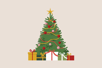 Decorated Christmas tree with star topper, ornaments, ribbons and gift boxes on beige background, festive holiday symbol. Flat vector illustration