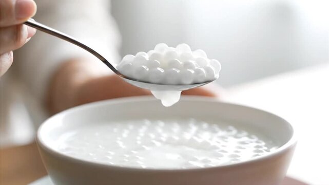 Close-up of a Bowl of Tapioca Pudding Being Stirred