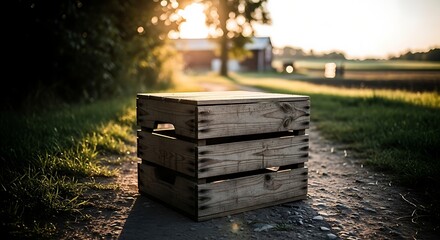 Wooden Crate on Rural Path at Sunset