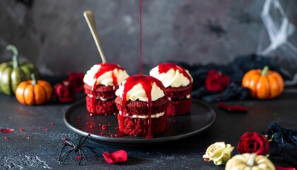 Red Velvet Halloween Cupcakes with Bloody Drip and Pumpkins

