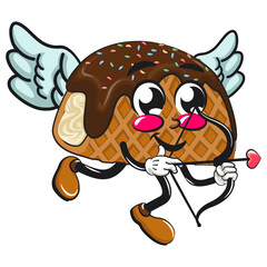 Fototapeta premium cute choco taco ice cream mascot character vector illustration being cupid with angel wings and the arrow of love, work of hand drawn