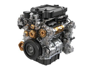 Fototapeta premium Intricate metallic engine components with gold silver accents mechanical machinery, Isolated On Png Transparent Background