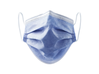 Blue pleated disposable face covering with white ear loops image, Isolated On Png Transparent Background