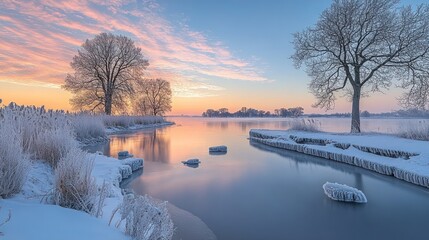 Frozen winter sunrise over tranquil lake