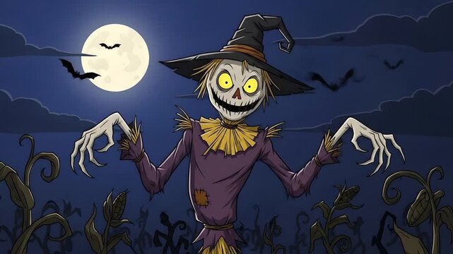 Scary halloween scarecrow under full moon in cornfield