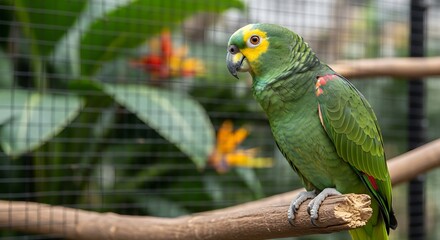 Obraz premium Green Parrot Perched on a Branch.