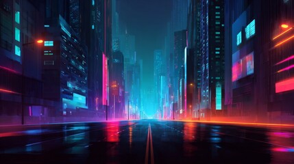 Futuristic Empty City Street at Night - Neon Minimalist Urban Background for Design and Web