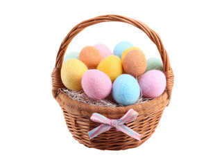 Naklejka premium Woven basket filled with pastel felted eggs and striped ribbon easter, Isolated On Png Transparent Background