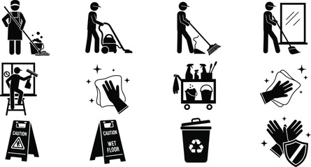 Industrial and commercial janitorial cleaning services vector illustration icons, silhouette. 