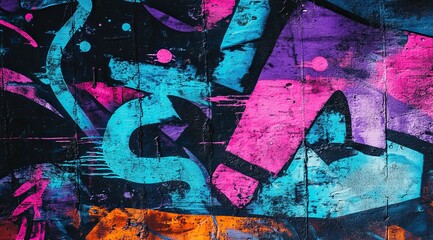 Graffiti-style wallpaper with neon blue, purple, and pink colors on a black background