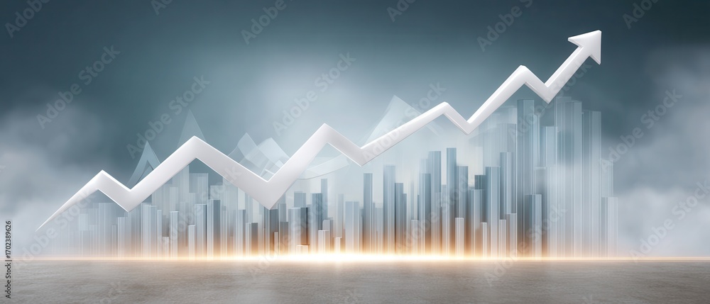 Poster hyper-realistic holographic representation of economic data with ascending graph trends and modern c