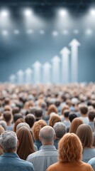 Obraz premium Hyper-realistic Business Presentation with Audience Focusing on Growth Indicators and Rising Arrows in Background