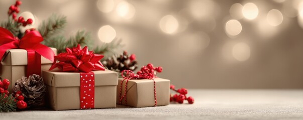 Christmas background with gifts and bokeh lights, festive decoration for Christmas, Minimal scene for mockup products, promotion display, 3D rendering product display platform.