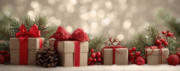 Christmas background with gifts and bokeh lights, festive decoration for Christmas, Minimal scene for mockup products, promotion display, 3D rendering product display platform.