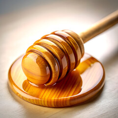 Close up of Honey Dipper with Dripping Honey on Wooden Surface