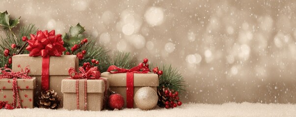 Christmas background with gifts and bokeh lights, festive decoration for Christmas, Minimal scene for mockup products, promotion display, 3D rendering product display platform.