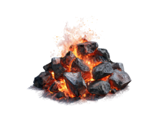Glowing hot coals and rocks with fiery orange glow and smoke fire heat, Isolated On Png Transparent Background