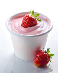 Strawberry Yogurt in a White Cup with Fresh Strawberries on Top
