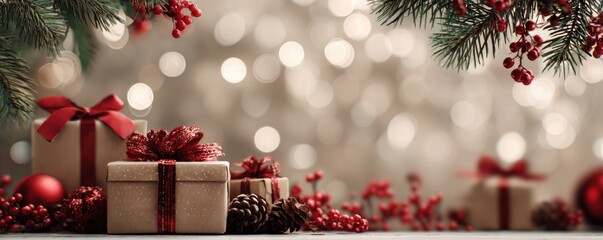 Christmas background with gifts and bokeh lights, festive decoration for Christmas, Minimal scene for mockup products, promotion display, 3D rendering product display platform.