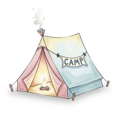 A colorful, hand-drawn camping tent with a campfire inside, emitting smoke, and a sign that reads "CAMP.