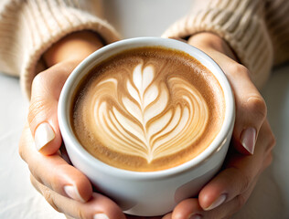 Hands Holding Cup of Coffee with Latte Art Warm and Cozy Drink