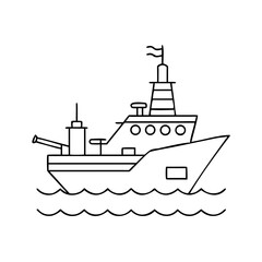 Fototapeta premium Outlined Drawing of a Warship Navigating the Ocean with Simple Wavy Water
