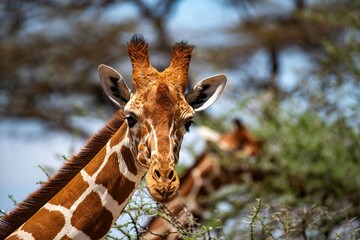 Giraffe portrait in the Savannah of the Samburu national park in Kenya