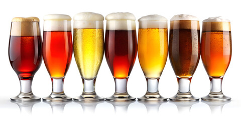 Selection of Craft Beers in Tall Glasses on White Background with Reflection