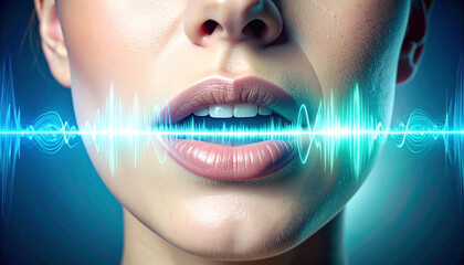 Ai voice and cloning cybersecurity concept with digital soundwave overlay on woman mouth futuristic technology