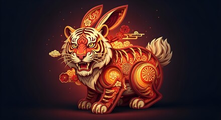 Tiger & Rabbit Fusion For recent Lunar New Year themes: animal morphing concept in glowing paper art.