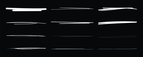 Chalk or crayon white underline set on black chalkboard background - hand drawn pencil or marker horizontal long highlighter strokes with rough textured edges. Design elements for emphasizing text.