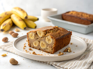 Delicious Homemade Banana Bread Slice with Walnuts and Fresh Bananas