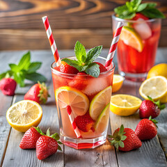 Refreshing Strawberry Lemonade with Mint and Ice on a Rustic Wooden Table