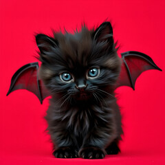 black kitten with bat wings on red background 