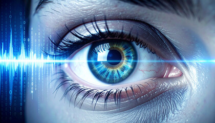 Human eye closeup blue iris digital soundwave binary code technology cybersecurity AI voice cloning futuristic security concept