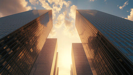 Tall modern skyscrapers reflecting warm sunset light, captured from below with dramatic perspective and glowing sky full of soft clouds