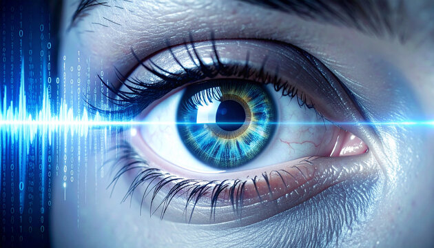 Human eye closeup blue iris digital soundwave binary code technology cybersecurity AI voice cloning futuristic security concept - Powered by Adobe