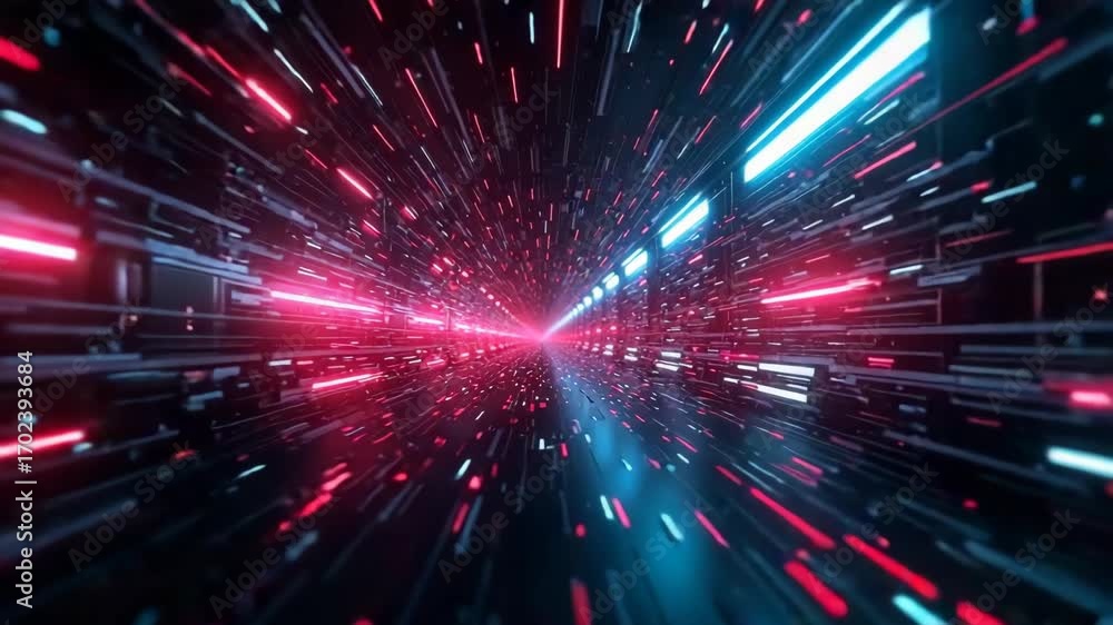 Poster dynamic perspective of a glowing neon tunnel with red and blue lights. abstract digital background s