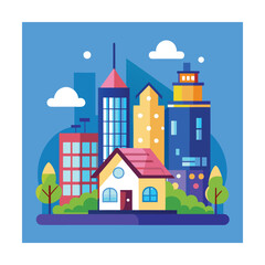 Obraz premium Cartoon Cityscape with Houses and Skyscrapers on Blue Background