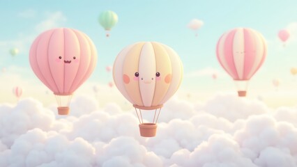 Fototapeta premium Pastel Balloons Floating in a Dreamy Sky with Clouds, Cute Air Balloons