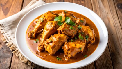Naklejka premium A close-up view showcases a savory, vibrant chicken dish in a rich, reddish-brown sauce, garnished with fresh green herbs on a white plate