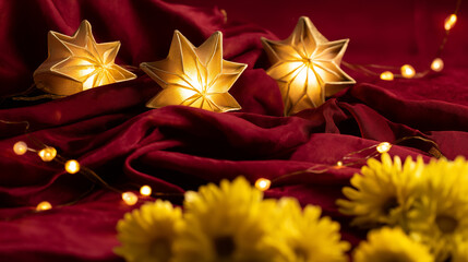 Golden star lanterns glowing against red silk, with scattered chrysanthemum petals for a festive touch.