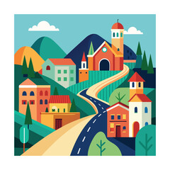 Roadway Through Hills into Colorful Buildings