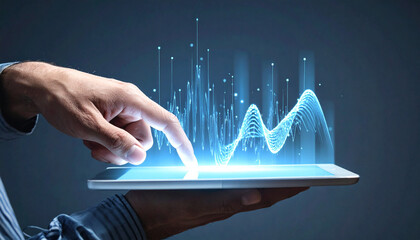 Ai voice technology and cloning cybersecurity concept with digital sound wave on tablet futuristic innovation