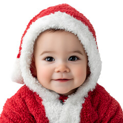Smiling infant in red and white holiday attire, hooded and looking directly at the viewer, festive and cheerful.