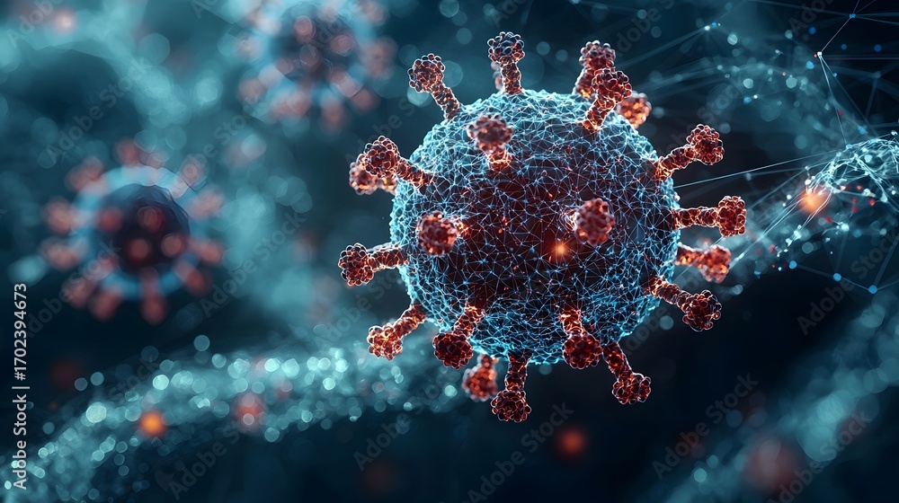 Poster a 3d rendering of a virus particle with molecular connections representing scientific research and t