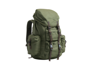 Olive green canvas backpack with leather straps and multiple pockets image, Isolated On Png Transparent Background