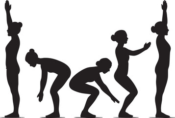 Squat Exercise Silhouette Sequence Vector in Black Featuring Five Poses for Fitness, Training, and Wellness Instruction
