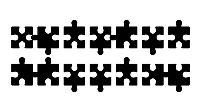 Sixteen black jigsaw puzzle piece silhouettes isolated on a white background, a conceptual graphic representing teamwork, strategy, and solutions - Powered by Adobe